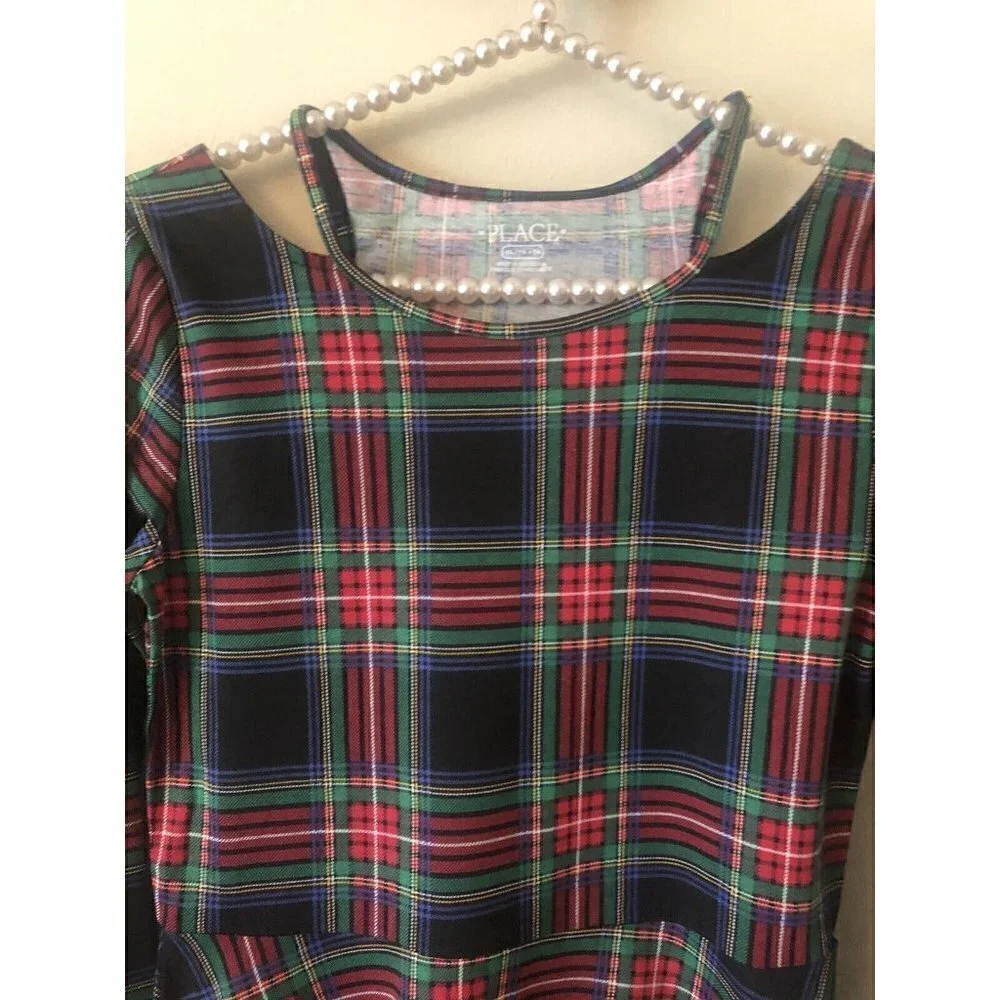 NWT The Childrens Place Girls XL Dress Black Plaid Cold Shoulder Long Sleeve
